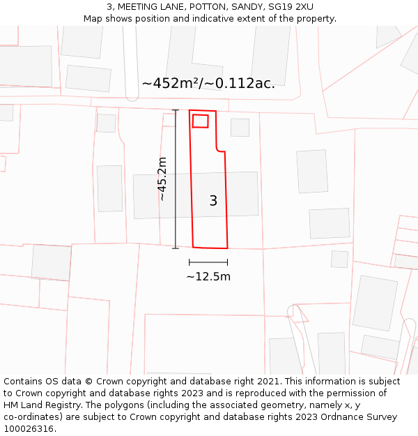 3, MEETING LANE, POTTON, SANDY, SG19 2XU: Plot and title map