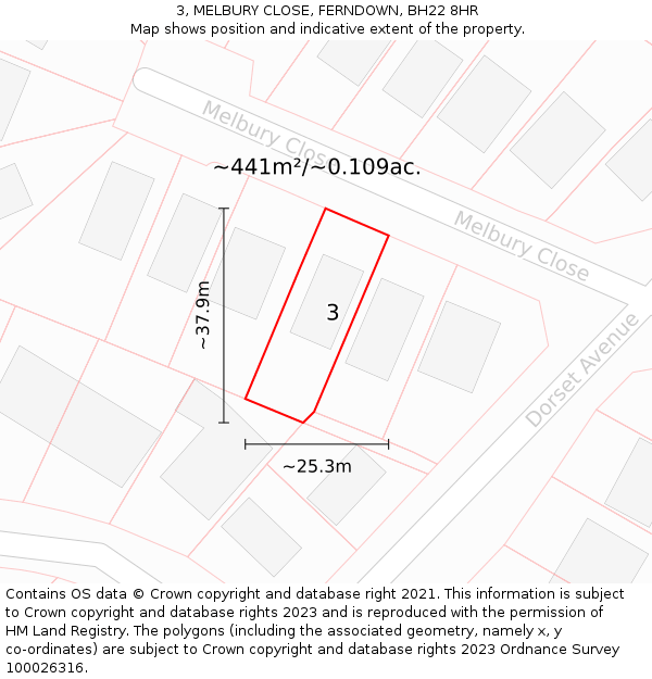 3, MELBURY CLOSE, FERNDOWN, BH22 8HR: Plot and title map