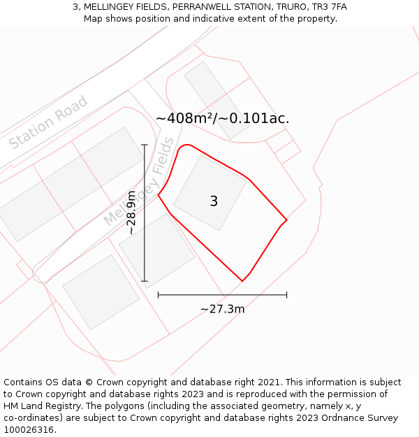 3, MELLINGEY FIELDS, PERRANWELL STATION, TRURO, TR3 7FA: Plot and title map