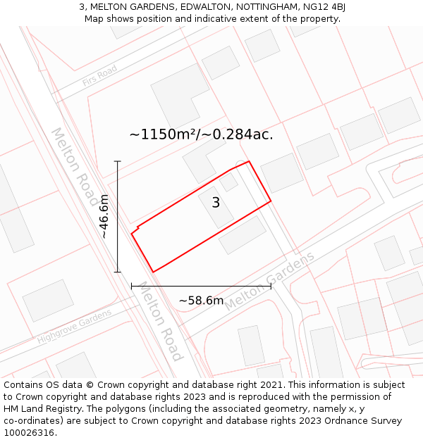 3, MELTON GARDENS, EDWALTON, NOTTINGHAM, NG12 4BJ: Plot and title map