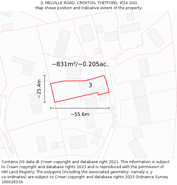 3, MELVILLE ROAD, CROXTON, THETFORD, IP24 1NG: Plot and title map