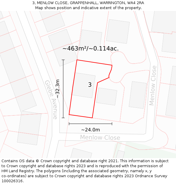 3, MENLOW CLOSE, GRAPPENHALL, WARRINGTON, WA4 2RA: Plot and title map