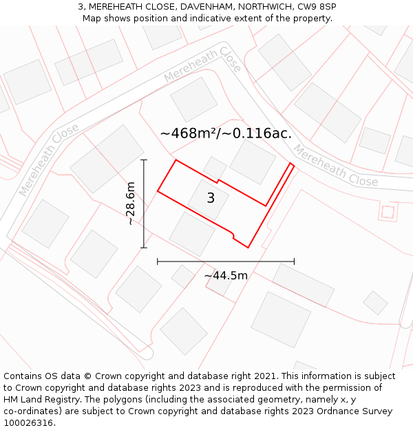 3, MEREHEATH CLOSE, DAVENHAM, NORTHWICH, CW9 8SP: Plot and title map