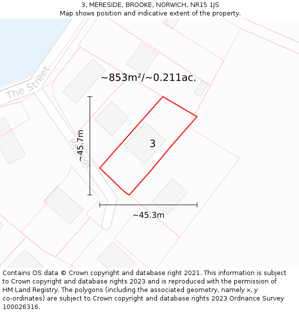 3, MERESIDE, BROOKE, NORWICH, NR15 1JS: Plot and title map