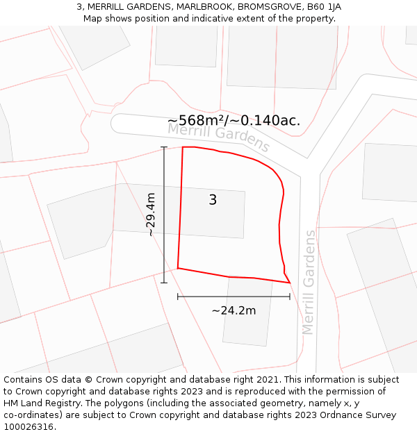 3, MERRILL GARDENS, MARLBROOK, BROMSGROVE, B60 1JA: Plot and title map