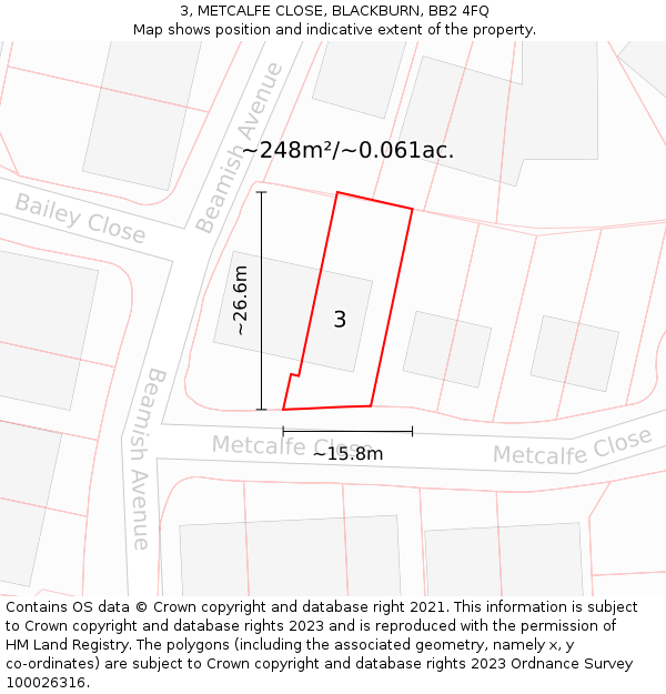 3, METCALFE CLOSE, BLACKBURN, BB2 4FQ: Plot and title map