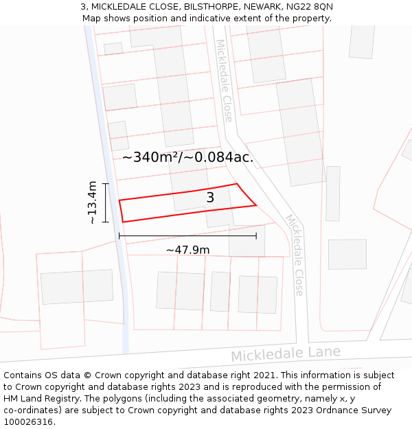 3, MICKLEDALE CLOSE, BILSTHORPE, NEWARK, NG22 8QN: Plot and title map