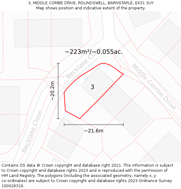 3, MIDDLE COMBE DRIVE, ROUNDSWELL, BARNSTAPLE, EX31 3UY: Plot and title map