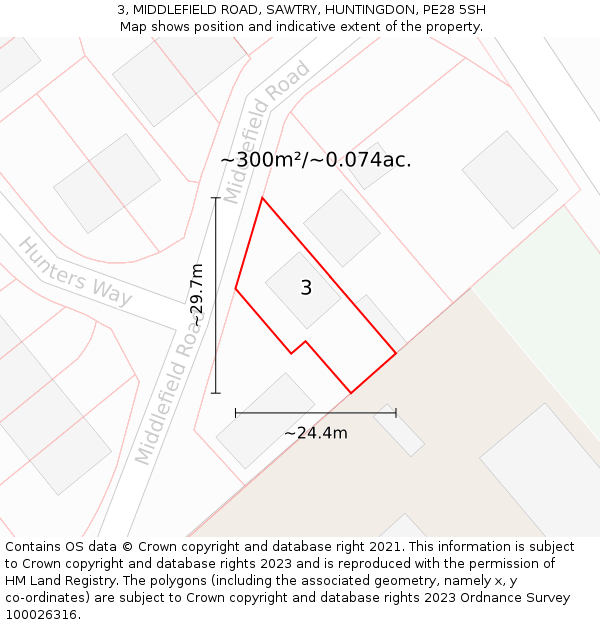 3, MIDDLEFIELD ROAD, SAWTRY, HUNTINGDON, PE28 5SH: Plot and title map