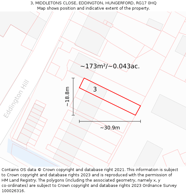 3, MIDDLETONS CLOSE, EDDINGTON, HUNGERFORD, RG17 0HQ: Plot and title map