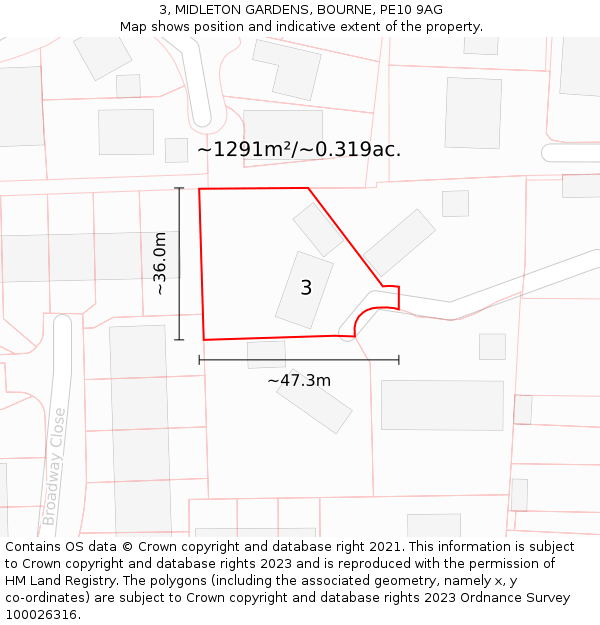 3, MIDLETON GARDENS, BOURNE, PE10 9AG: Plot and title map