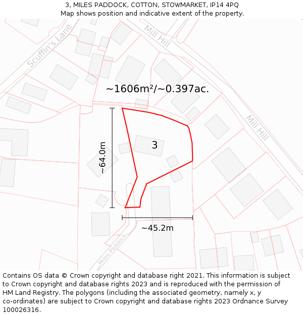 3, MILES PADDOCK, COTTON, STOWMARKET, IP14 4PQ: Plot and title map