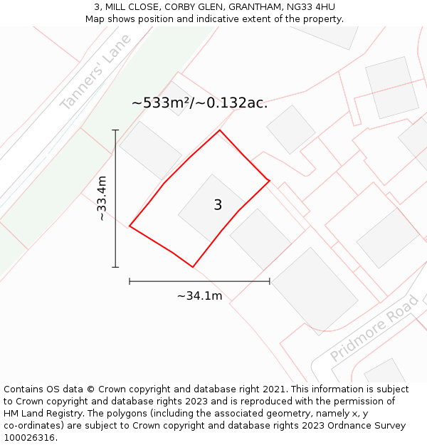 3, MILL CLOSE, CORBY GLEN, GRANTHAM, NG33 4HU: Plot and title map