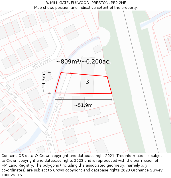 3, MILL GATE, FULWOOD, PRESTON, PR2 2HF: Plot and title map