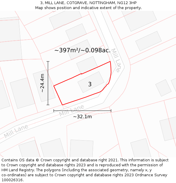 3, MILL LANE, COTGRAVE, NOTTINGHAM, NG12 3HP: Plot and title map