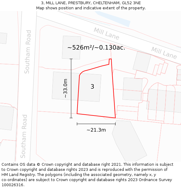 3, MILL LANE, PRESTBURY, CHELTENHAM, GL52 3NE: Plot and title map