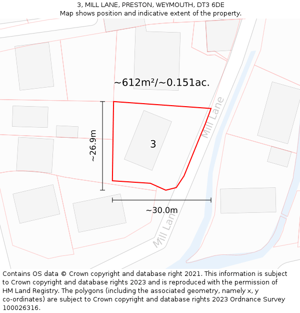 3, MILL LANE, PRESTON, WEYMOUTH, DT3 6DE: Plot and title map