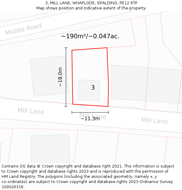 3, MILL LANE, WHAPLODE, SPALDING, PE12 6TP: Plot and title map