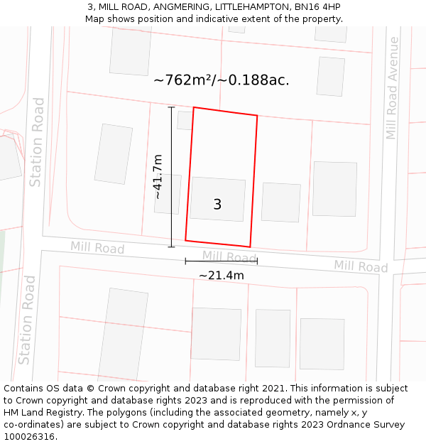 3, MILL ROAD, ANGMERING, LITTLEHAMPTON, BN16 4HP: Plot and title map