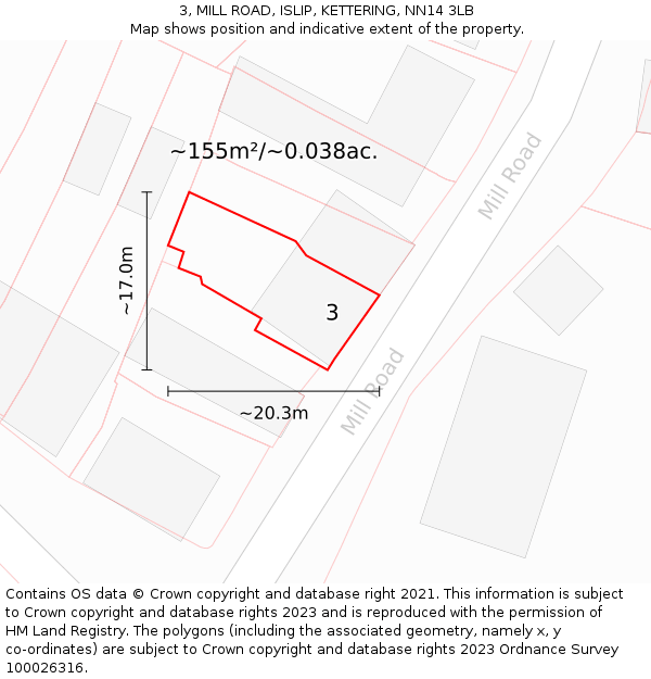 3, MILL ROAD, ISLIP, KETTERING, NN14 3LB: Plot and title map