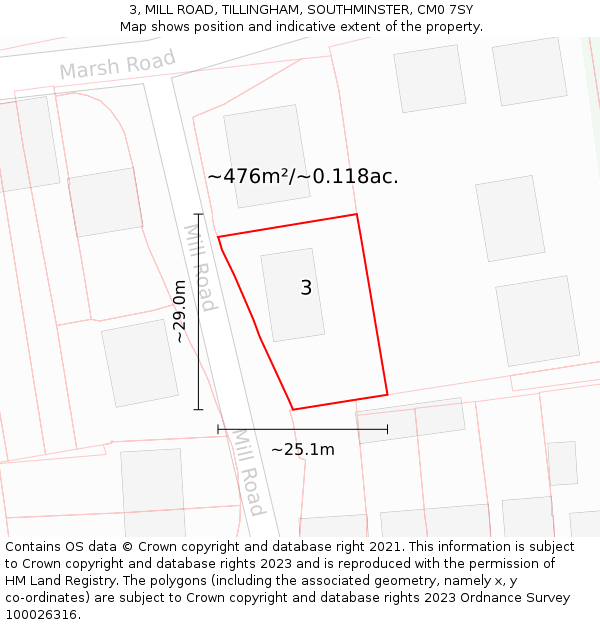 3, MILL ROAD, TILLINGHAM, SOUTHMINSTER, CM0 7SY: Plot and title map