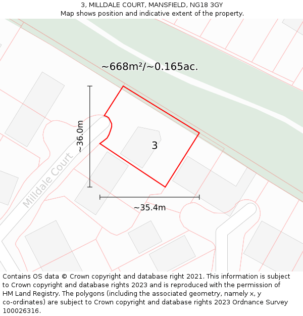 3, MILLDALE COURT, MANSFIELD, NG18 3GY: Plot and title map