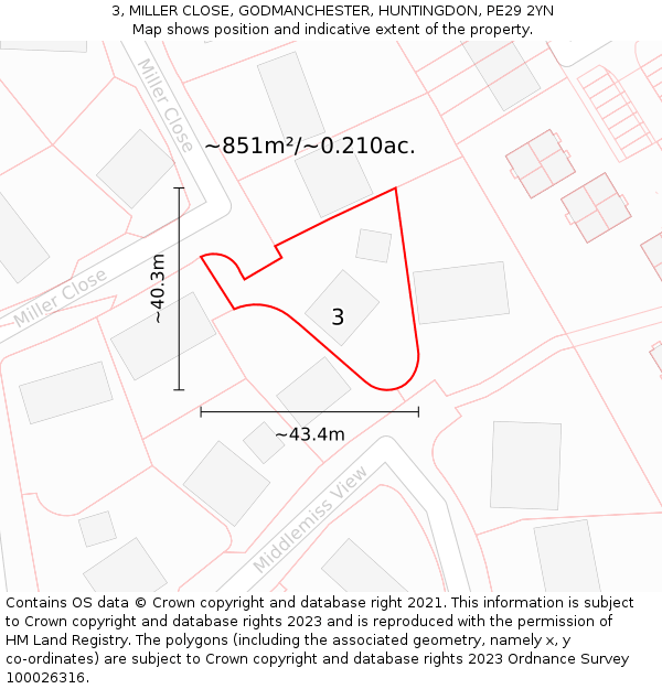 3, MILLER CLOSE, GODMANCHESTER, HUNTINGDON, PE29 2YN: Plot and title map