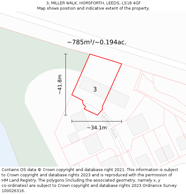 3, MILLER WALK, HORSFORTH, LEEDS, LS18 4GF: Plot and title map