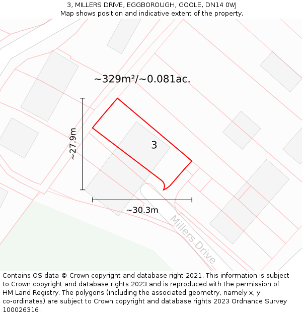 3, MILLERS DRIVE, EGGBOROUGH, GOOLE, DN14 0WJ: Plot and title map