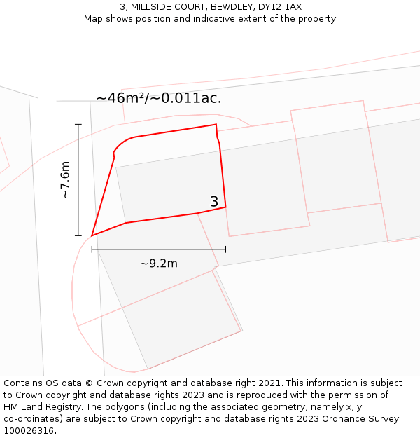 3, MILLSIDE COURT, BEWDLEY, DY12 1AX: Plot and title map