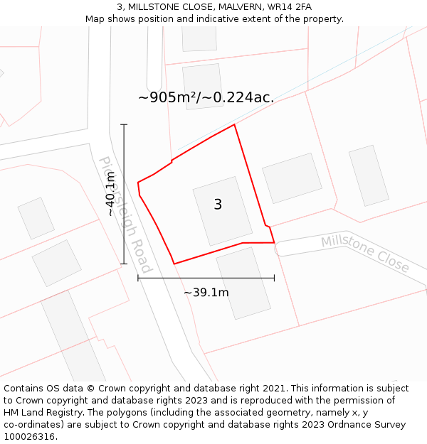 3, MILLSTONE CLOSE, MALVERN, WR14 2FA: Plot and title map