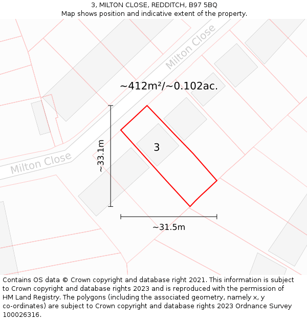 3, MILTON CLOSE, REDDITCH, B97 5BQ: Plot and title map