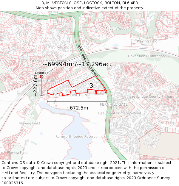 3, MILVERTON CLOSE, LOSTOCK, BOLTON, BL6 4RR: Plot and title map