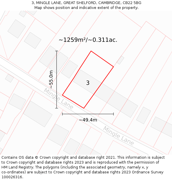 3, MINGLE LANE, GREAT SHELFORD, CAMBRIDGE, CB22 5BG: Plot and title map