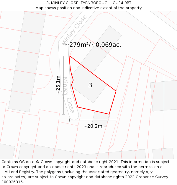 3, MINLEY CLOSE, FARNBOROUGH, GU14 9RT: Plot and title map