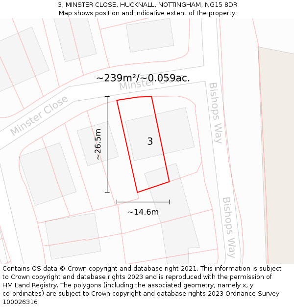 3, MINSTER CLOSE, HUCKNALL, NOTTINGHAM, NG15 8DR: Plot and title map