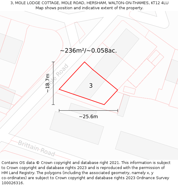 3, MOLE LODGE COTTAGE, MOLE ROAD, HERSHAM, WALTON-ON-THAMES, KT12 4LU: Plot and title map