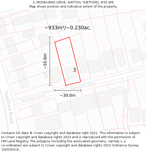 3, MONKHAMS DRIVE, WATTON, THETFORD, IP25 6PE: Plot and title map