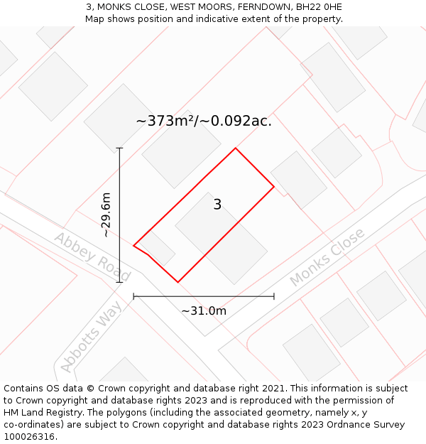 3, MONKS CLOSE, WEST MOORS, FERNDOWN, BH22 0HE: Plot and title map