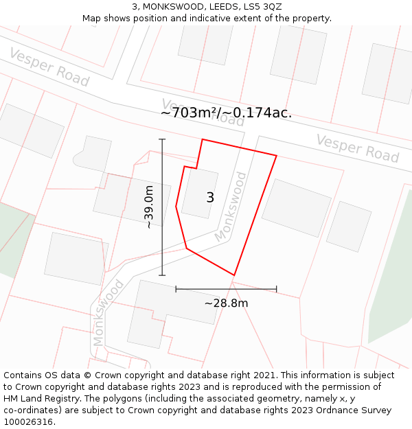 3, MONKSWOOD, LEEDS, LS5 3QZ: Plot and title map