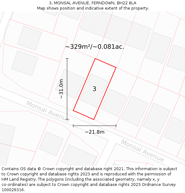 3, MONSAL AVENUE, FERNDOWN, BH22 8LA: Plot and title map