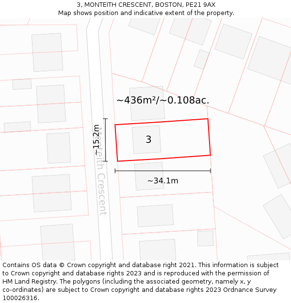 3, MONTEITH CRESCENT, BOSTON, PE21 9AX: Plot and title map