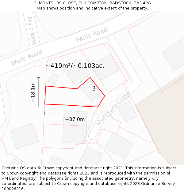 3, MONTSURS CLOSE, CHILCOMPTON, RADSTOCK, BA3 4PG: Plot and title map