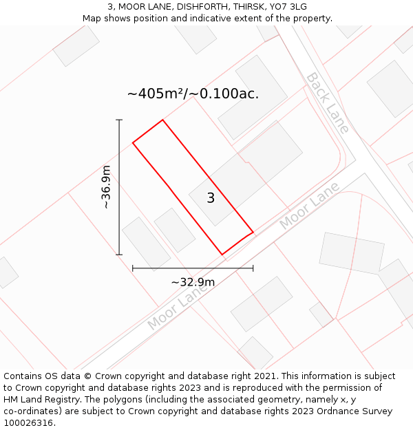 3, MOOR LANE, DISHFORTH, THIRSK, YO7 3LG: Plot and title map