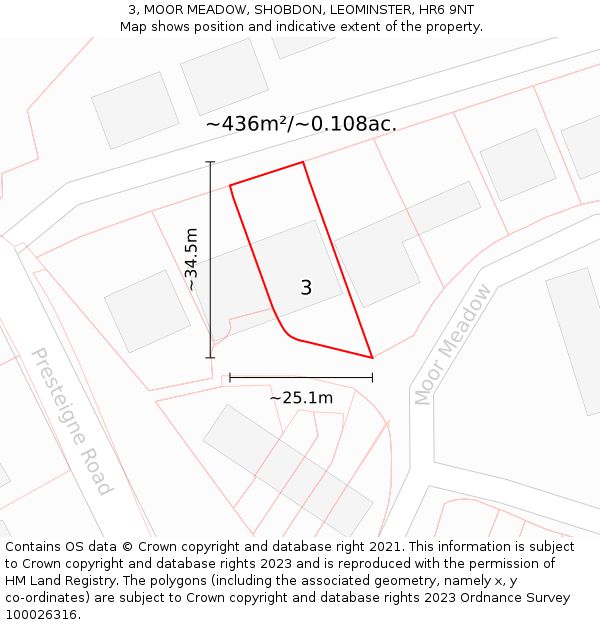 3, MOOR MEADOW, SHOBDON, LEOMINSTER, HR6 9NT: Plot and title map