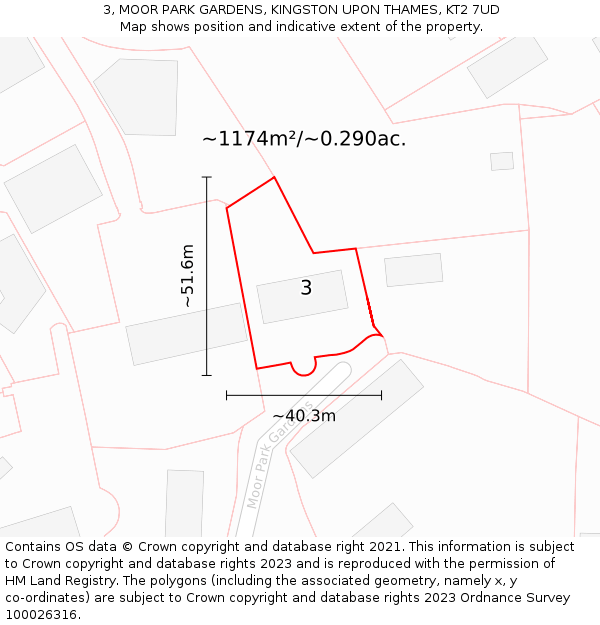 3, MOOR PARK GARDENS, KINGSTON UPON THAMES, KT2 7UD: Plot and title map