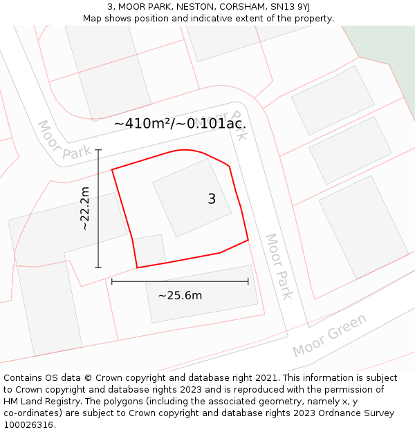 3, MOOR PARK, NESTON, CORSHAM, SN13 9YJ: Plot and title map