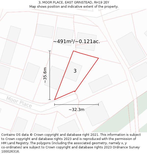 3, MOOR PLACE, EAST GRINSTEAD, RH19 2EY: Plot and title map