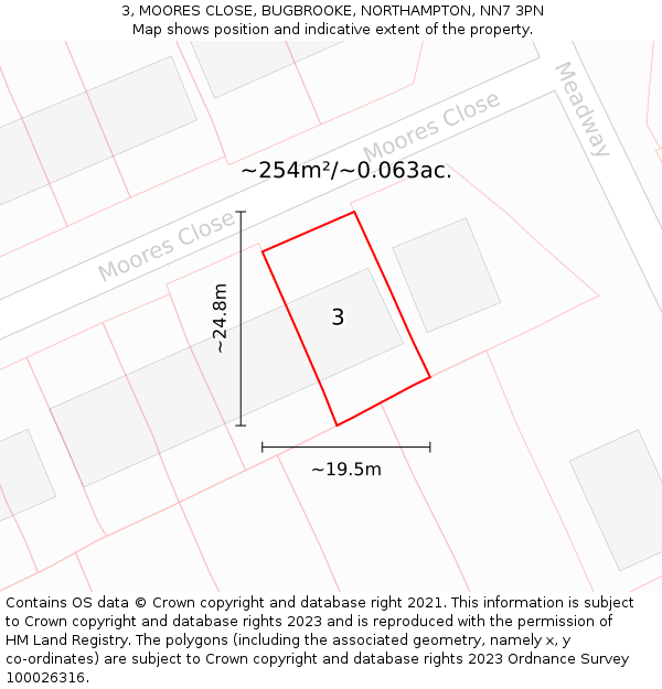 3, MOORES CLOSE, BUGBROOKE, NORTHAMPTON, NN7 3PN: Plot and title map