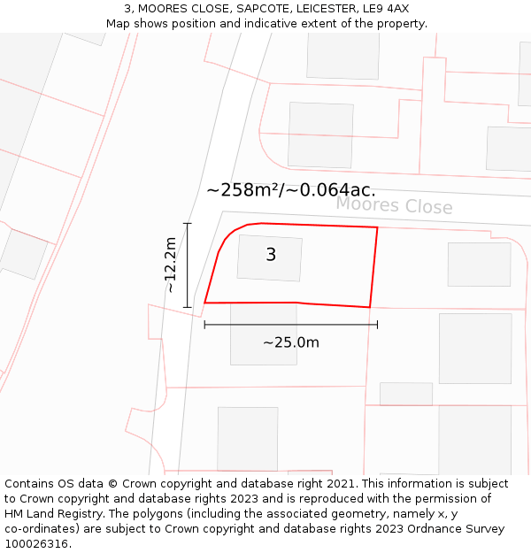 3, MOORES CLOSE, SAPCOTE, LEICESTER, LE9 4AX: Plot and title map